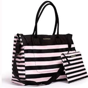 🧚‍♀️ Victoria’s Secret Black & Pink Striped Large Zippered Tote Bag 🧚‍♀️
